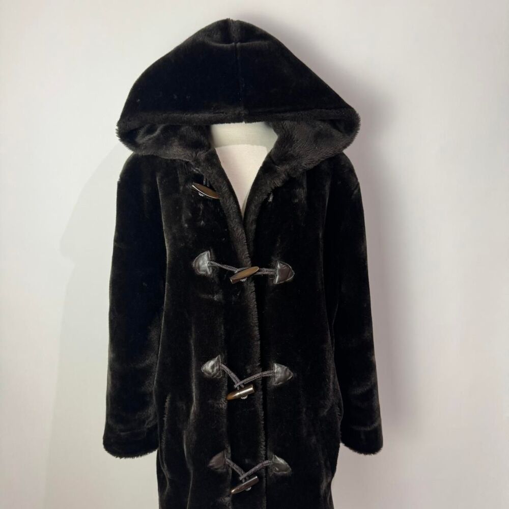 Vintage Y2K Express Dark Brown Fur Duffle Coat with Hood
